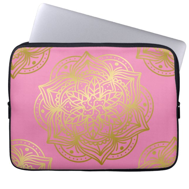 Funda Para Portátil Patrón elegante de oro y Mandala rosa (Frente)