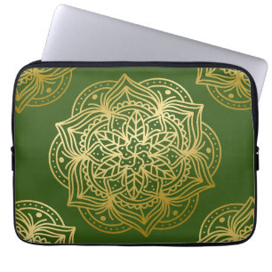 Funda Para Portátil Patrón elegante de oro y Mandala verde