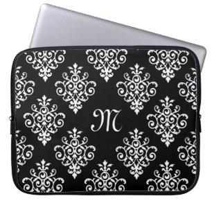 Funda Para Portátil Patrón elegante monogramado de Damasco blanco y ne