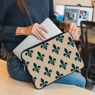 Funda Para Portátil Patrón Fleur de Lis, verde francés real en crema