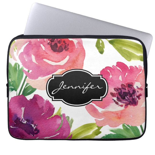 Funda Para Portátil Patrón floral acuarela monogramado (Frente)