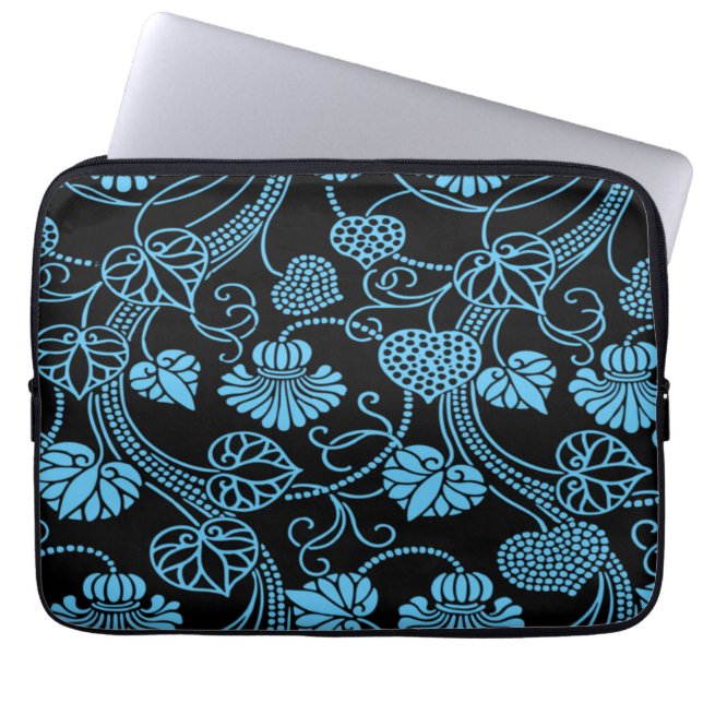 Funda Para Portátil Patrón floral antiguo negro sobre azul (Frente)