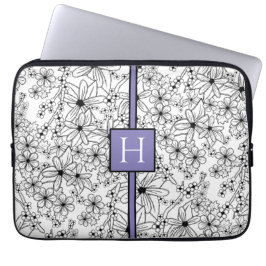 Funda Para Portátil Patrón Floral Blanco Dibujado a Mano Monograma Púr