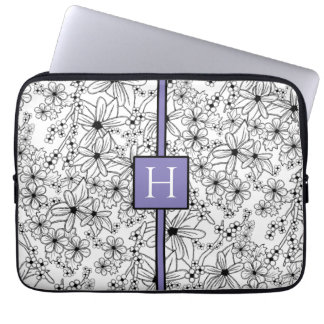 Funda Para Portátil Patrón Floral Blanco Dibujado a Mano Monograma Púr