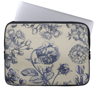 Funda Para Portátil Patrón Floral Botánico Toile Azul Vintage