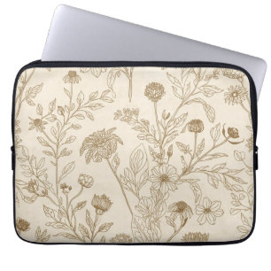 Funda Para Portátil Patrón floral de arte de línea botánica sepia anti