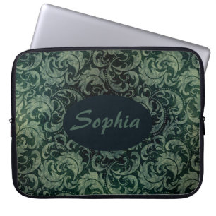 Funda Para Portátil Patrón floral elegante adamascado verde