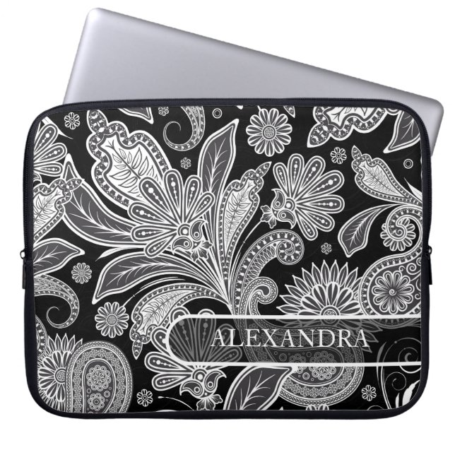 Funda Para Portátil Patrón floral Ornato Blanco y Negro (Frente)