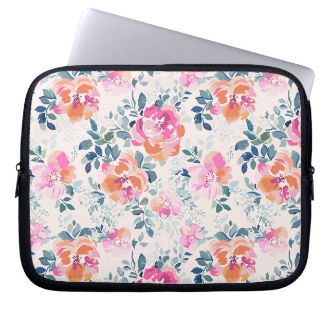 Funda Para Portátil Patrón floral rosa y Verde azulado (Frente)