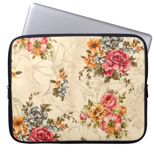 Funda Para Portátil Patrón floral sin foco con flores y crema (Frente)
