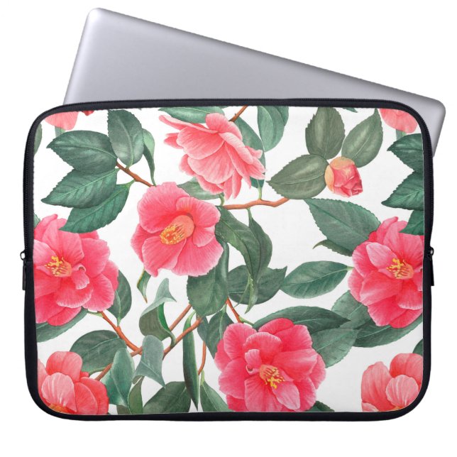 Funda Para Portátil Patrón floral sin soldadura, flores camélicas roja (Frente)