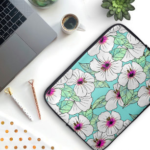 Funda Para Portátil Patrón floral trópico rosa y blanco Hibiscus