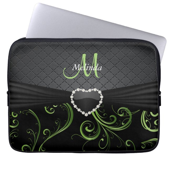 Funda Para Portátil Patrón floral verde elegante en negro y punto peri (Frente)