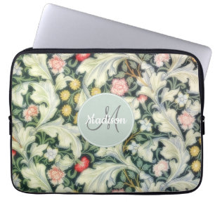 Funda Para Portátil Patrón floral vintage verde con monograma