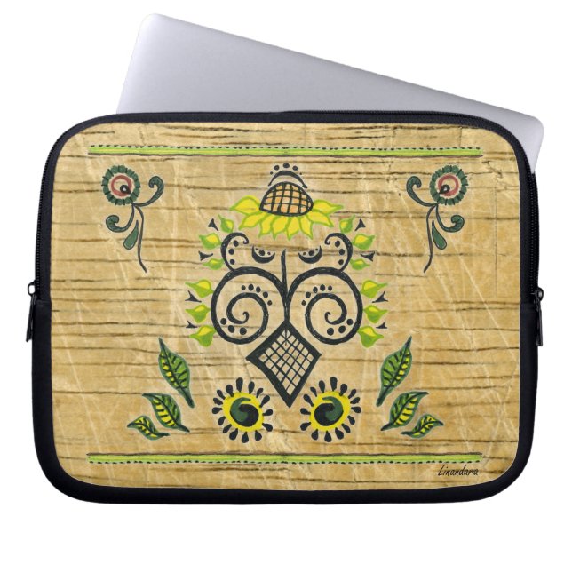 Funda Para Portátil Patrón folk giratorio en madera (Frente)