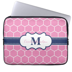 Funda Para Portátil Patrón geométrico de monograma rosa y naval