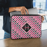 Funda Para Portátil Patrón geométrico Purpurina guiado Giro personaliz<br><div class="desc">Esta funda personalizada para una laptop giratoria presenta un patrón geométrico colorido (cuadrados) en rosa,  purpurina púrpura,  negro y blanco. El monograma grande y el nombre en el tipo de letra del guión de bonito se enmarcan en el centro en sombras coincidentes.</div>