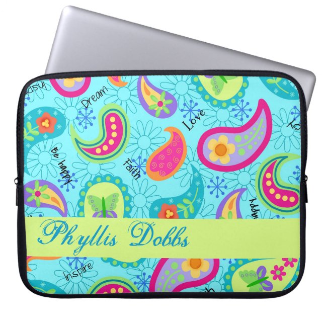 Funda Para Portátil Patrón gráfico azul turquesa moderno paisley (Frente)