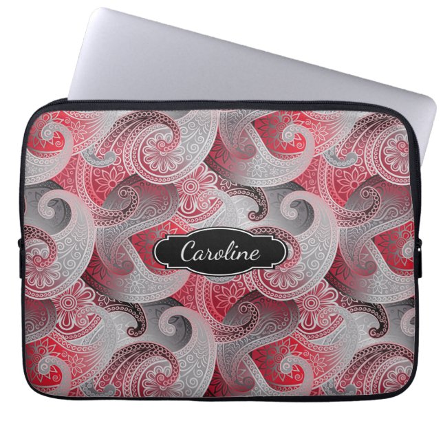 Funda Para Portátil Patrón gris rojo y paisley negro con monograma (Frente)