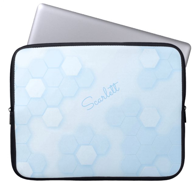 Funda Para Portátil Patrón hexagonal azul Pastel con nombre personaliz (Frente)