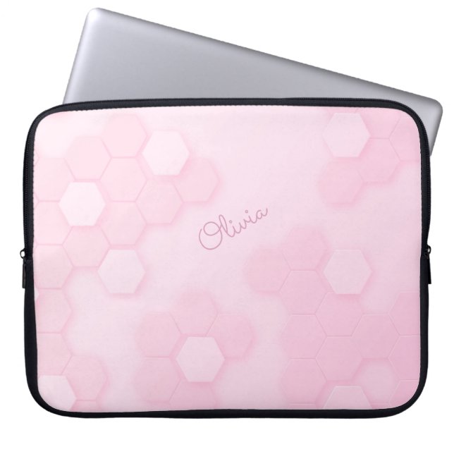 Funda Para Portátil Patrón hexagonal rosa suave con nombre personaliza (Frente)
