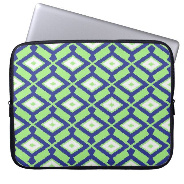 Funda Para Portátil Patrón Ikat - Verde, Azul índigo y Blanco (Frente)