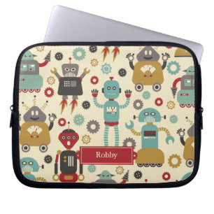 Funda Para Portátil Patrón ilustrado de robots retro divertidos (crema