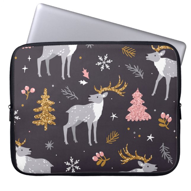 Funda Para Portátil patrón ininterrumpido con renos, abetos y sno (Frente)
