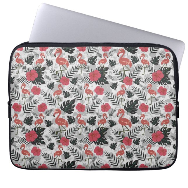 Funda Para Portátil Patrón ininterrumpido de flamencos con fondo flora (Frente)