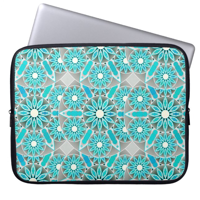 Funda Para Portátil Patrón Mandala, turquesa, gris plateado y blanco (Frente)