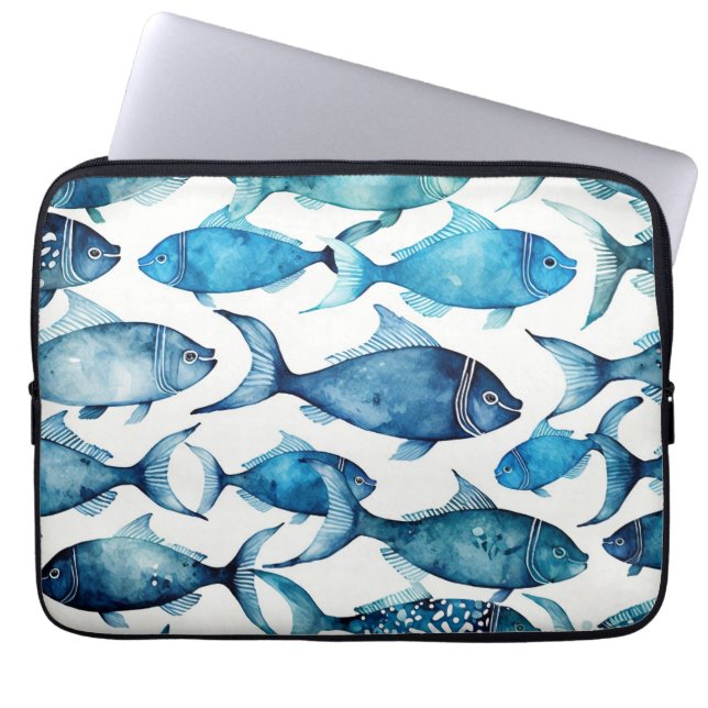 Funda Para Portátil Patrón marino azul acuarela. Animal naumático (Frente)