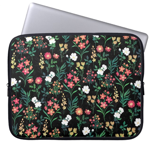Funda Para Portátil Patrón negro botánico floral de acuarela de bonito (Frente)