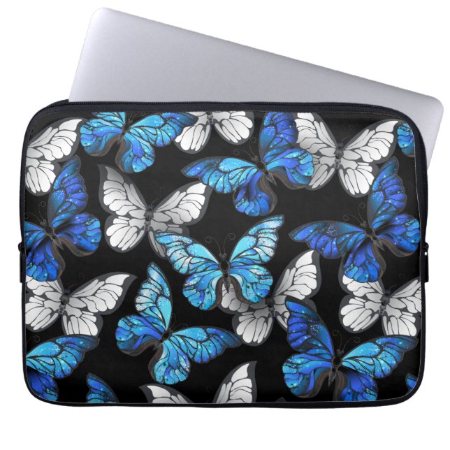 Funda Para Portátil Patrón oscuro sin foco con mariposas azules morfo (Frente)