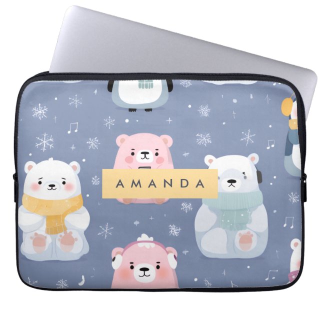 Funda Para Portátil Patrón personalizado de oso y pingüino de invierno (Frente)