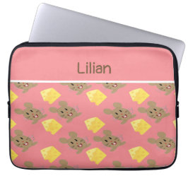 Funda Para Portátil Patrón rosa de ratón y queso con nombre personaliz