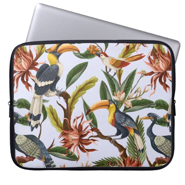 Funda Para Portátil Patrón sin foco con aves y hojas tropicales (Frente)