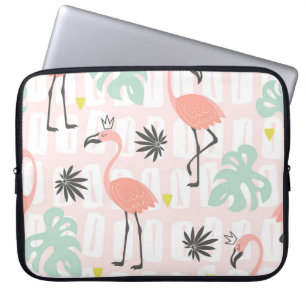 Funda Para Portátil Patrón sin foco con flamencos rosados y hojas de p