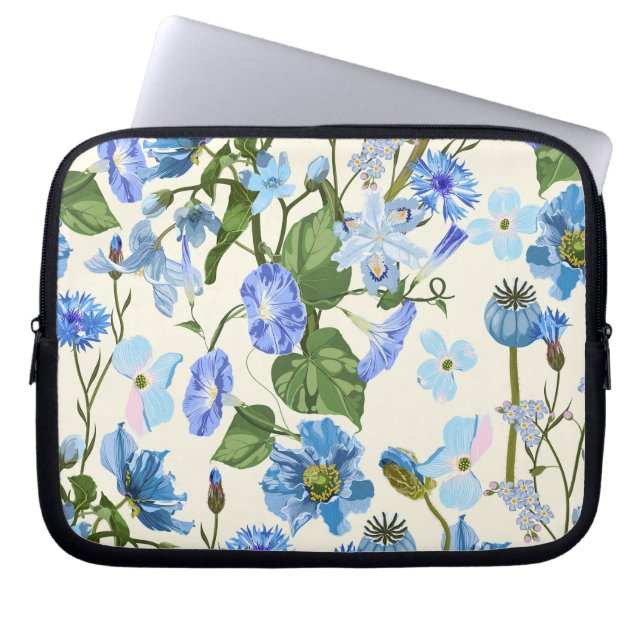 Funda Para Portátil Patrón sin foco con flores azules. (Frente)