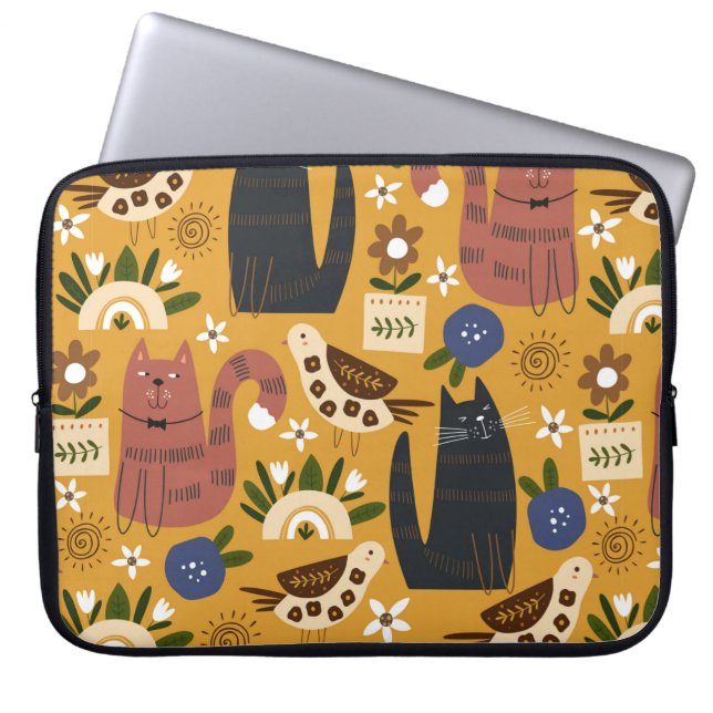 Funda Para Portátil Patrón sin foco con gatos lindos y pájaro. dra de  (Frente)