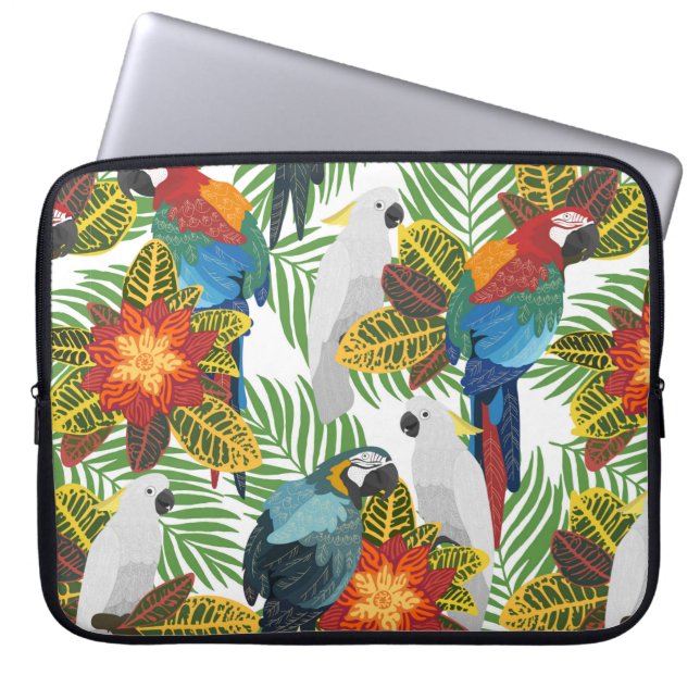 Funda Para Portátil Patrón tropical sin foco con loros. (Frente)