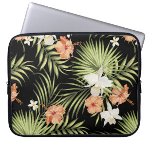 Funda Para Portátil patrón tropical vintage con flores de hibisco y