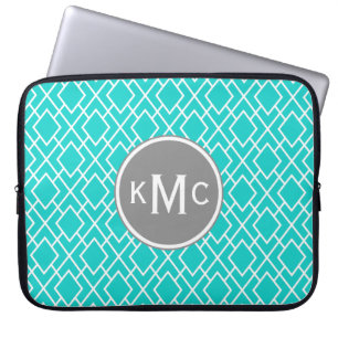 Funda Para Portátil Patrón Verde azulado de diamante azul monogramado