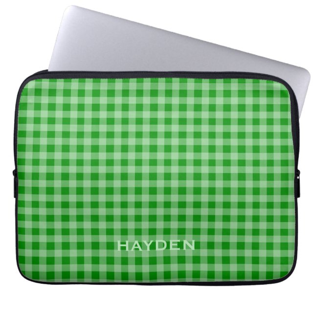 Funda Para Portátil Patrón Verde Brillante de Gingham Personalizado (Frente)