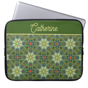 Funda Para Portátil Patrón vintage en verde con flores azules