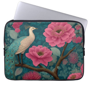 Funda Para Portátil Patrón violento de pavo real y floral rosa