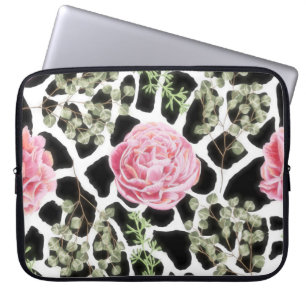 Funda Para Portátil Patrón y flores de jirafa rosa y negra