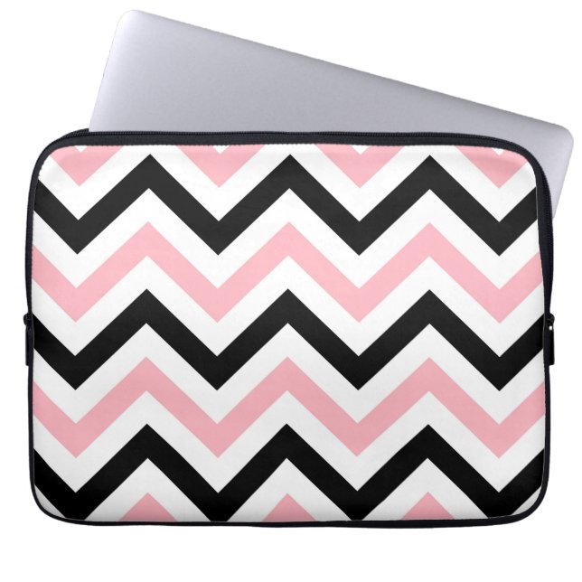 Funda Para Portátil Patrón ZigZag Chevron grande rosa, negro y blanco (Frente)