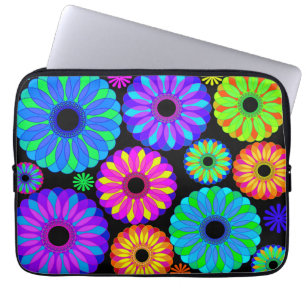 Funda Para Portátil Patrones de flores retro coloridas sobre fondo neg