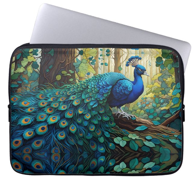 Funda Para Portátil Pavo real azul en el bosque (Frente)