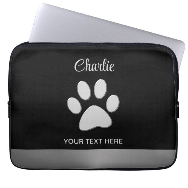 Funda Para Portátil Paw de perro plateado sobre fondo negro (Frente)